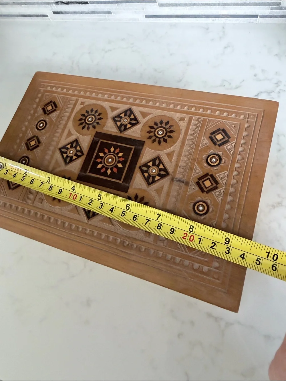Vintage Hand Made Carved Wood Inlay Decorative Box - Brown & Black Accent